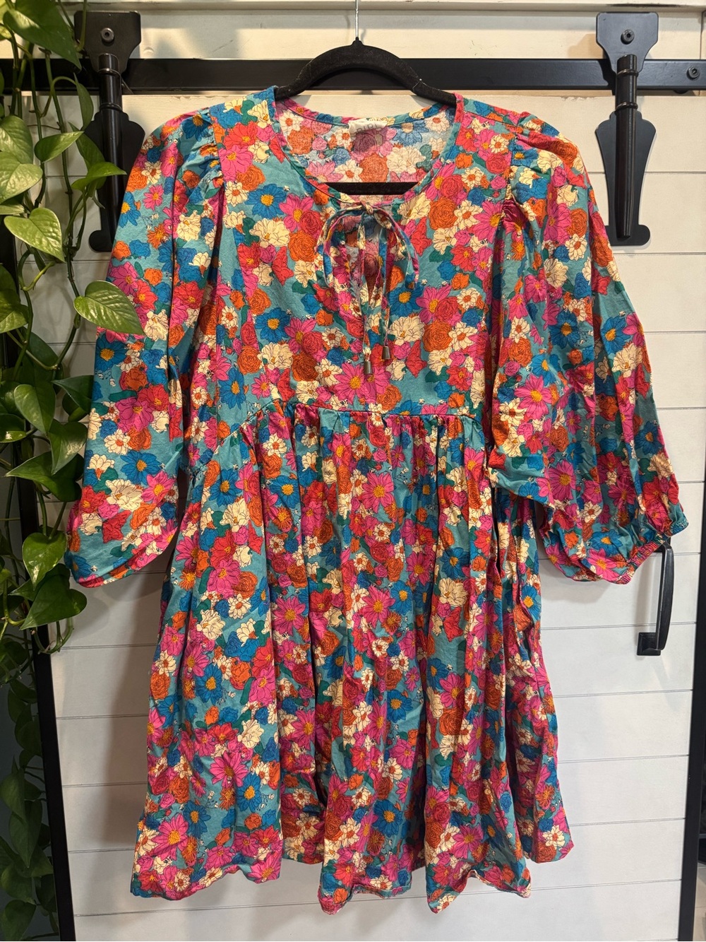 BiBi Teal Multicolor Floral Tie-Front Casual Dress